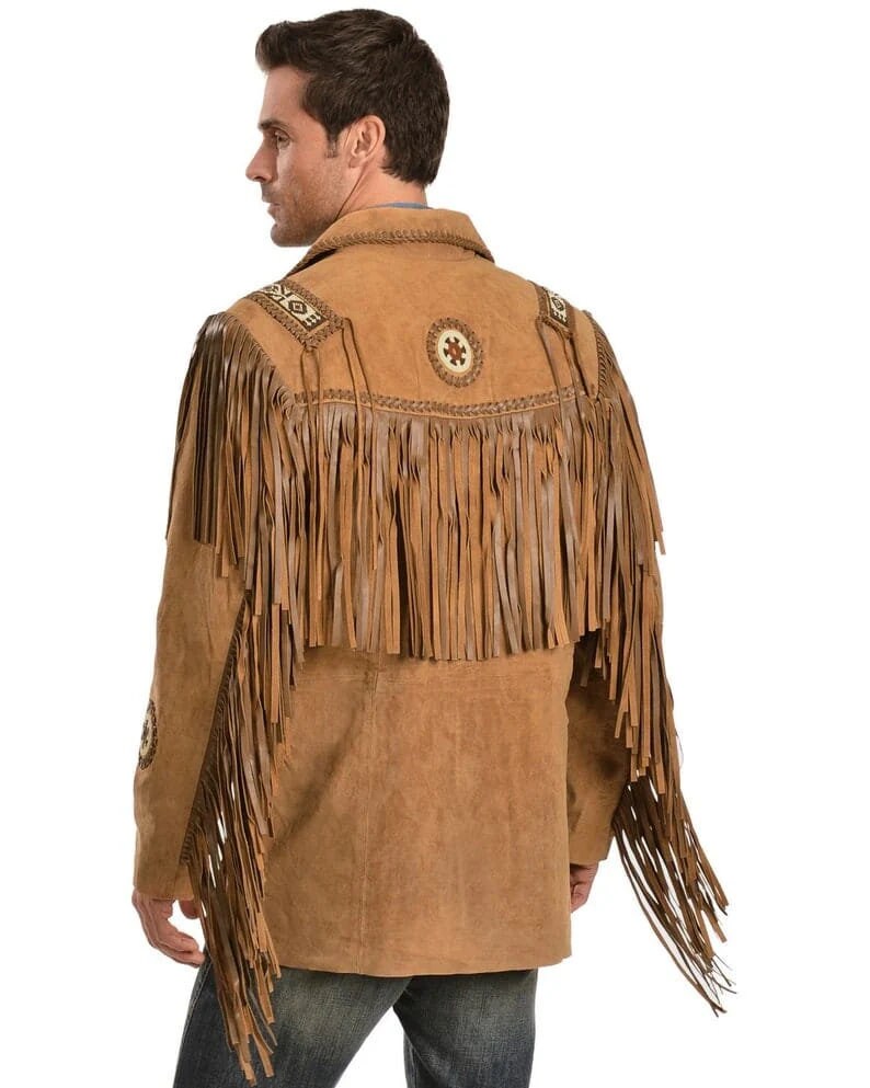 Leather jacket Men's Traditional Native Brown Classic Suede Leather Western Jacket With Braided Fringes Country Side Red Indian Western Wear