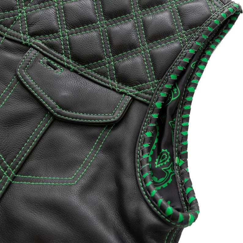 Club-Style Full Leather Zipper Biker Vest with Green Stitching