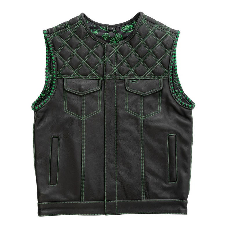 Club-Style Full Leather Zipper Biker Vest with Green Stitching