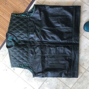 Club-Style Full Leather Zipper Biker Vest with Green Stitching