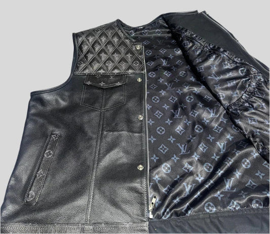 Black Leather Vest with Grey Lo*** Vit** Pattern- Premium Quality