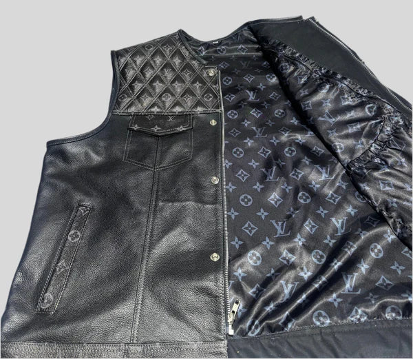 Black Leather Vest with Grey LV Pattern- Premium Quality