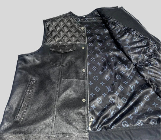Black Leather Vest with Grey LV Pattern- Premium Quality