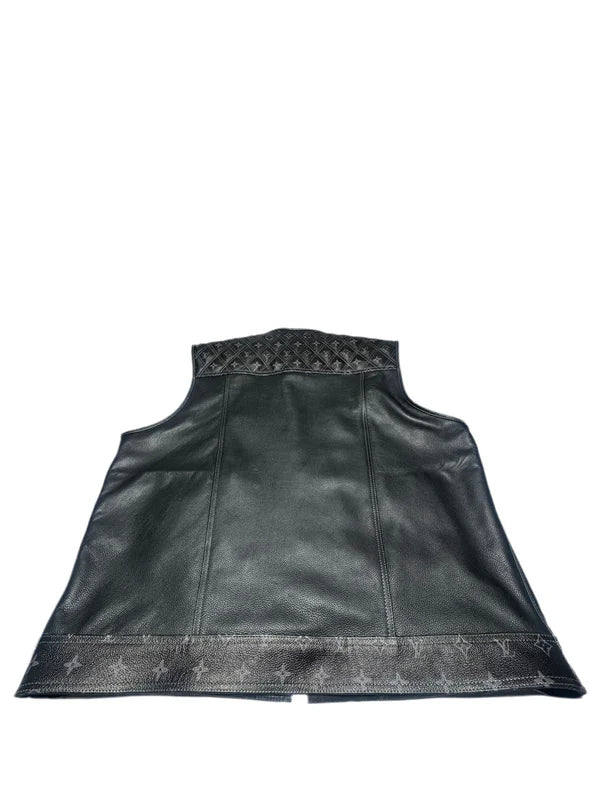 Black Leather Vest with Grey LV Pattern- Premium Quality