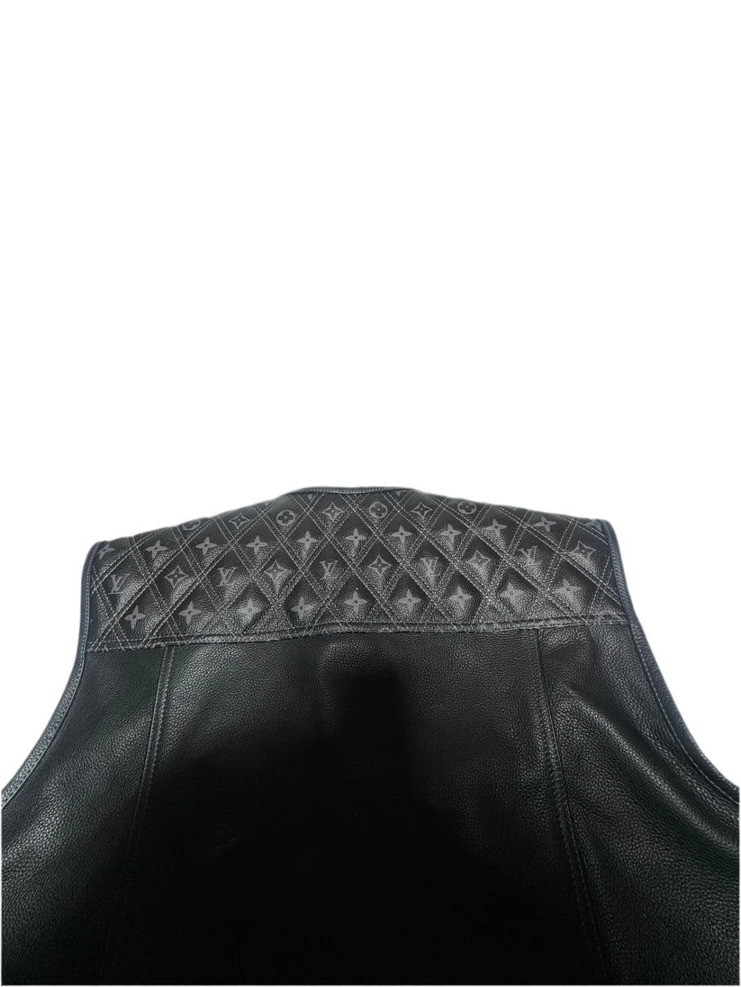 Black Leather Vest with Grey LV Pattern- Premium Quality