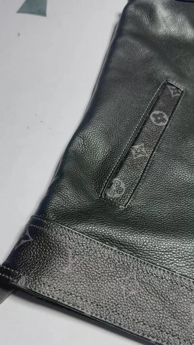 Black Leather Vest with Grey LV Pattern- Premium Quality