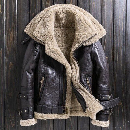 Men’s Sheepskin Brown Shearling Leather Jacket – Vintage Aviator B3 Bomber Jacket with Fur Lining