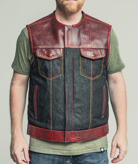 Men's Red Python Snake Leather & Black Denim Biker Vest – Exotic Reptile Pattern, Streetwear Style