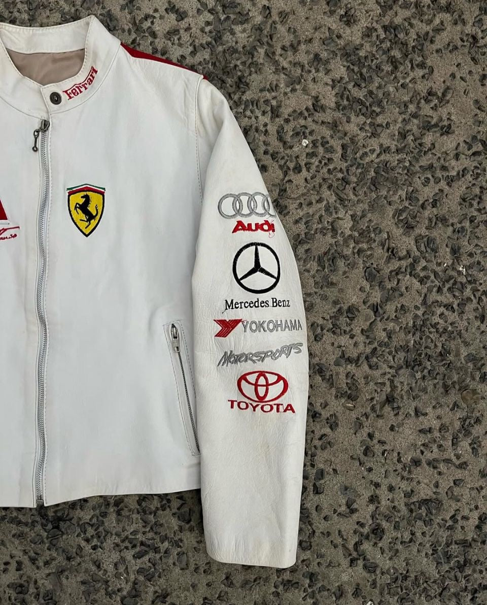 Exclusive White & Red Genuine Leather Ferrari Motorsport Racing Jacket - Multi-Sponsor Edition