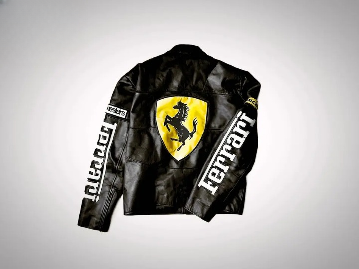 Premium Black Leather Ferrari Racing Biker Jacket with White Ferrari Patches - Vodafone & Michelin Edition