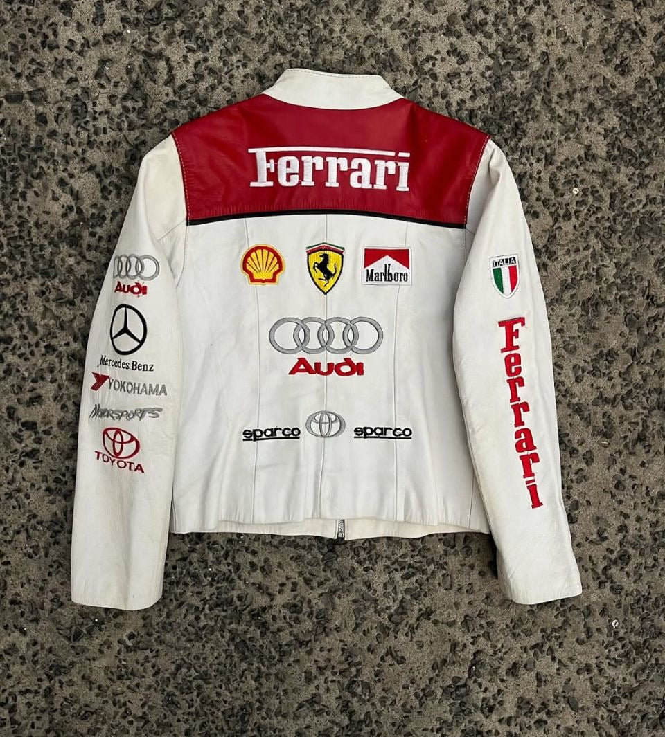 Exclusive White & Red Genuine Leather Ferrari Motorsport Racing Jacket - Multi-Sponsor Edition